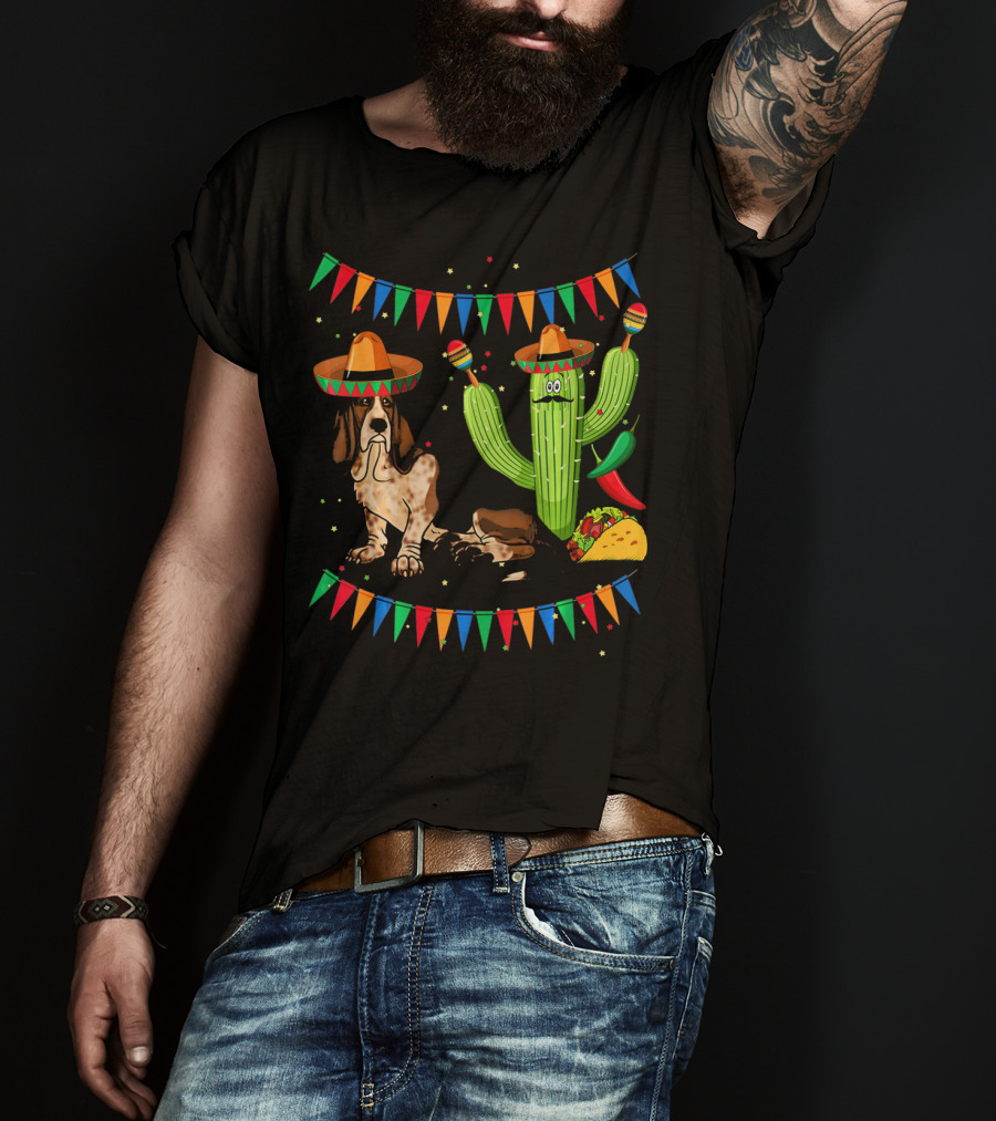 Sombrero Basset Hound Dog Mexico Cinco Cactus Taco Fiesta Decor T-Shirt