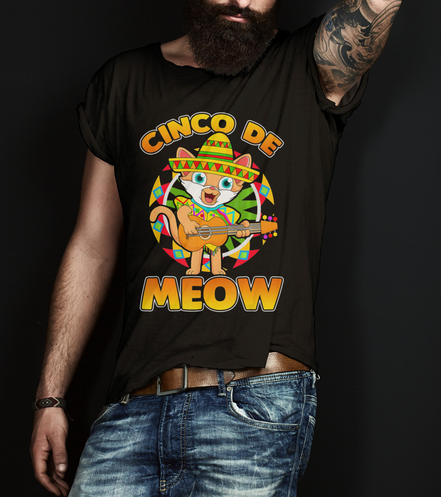 Cinco De Meow Mexican Sombrero Cat Playing Guitar T-Shirt