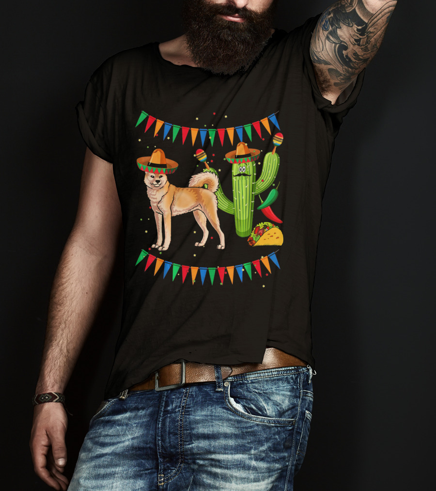 Sombrero Akita Dog Cactus Taco Maracas Mexico Cinco De Mayo T-Shirt