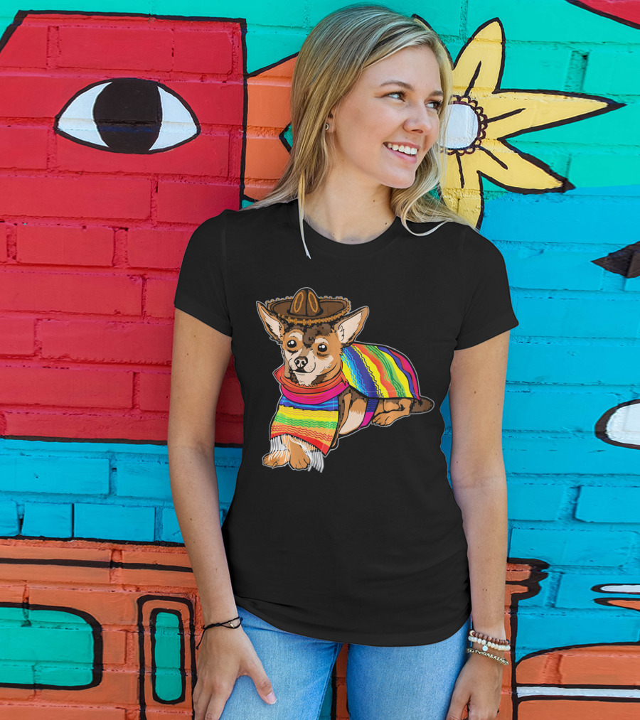 Cute Dog Chihuahua Chiweenie Mexico Sombrero Rainbow Poncho Cinc T-Shirt
