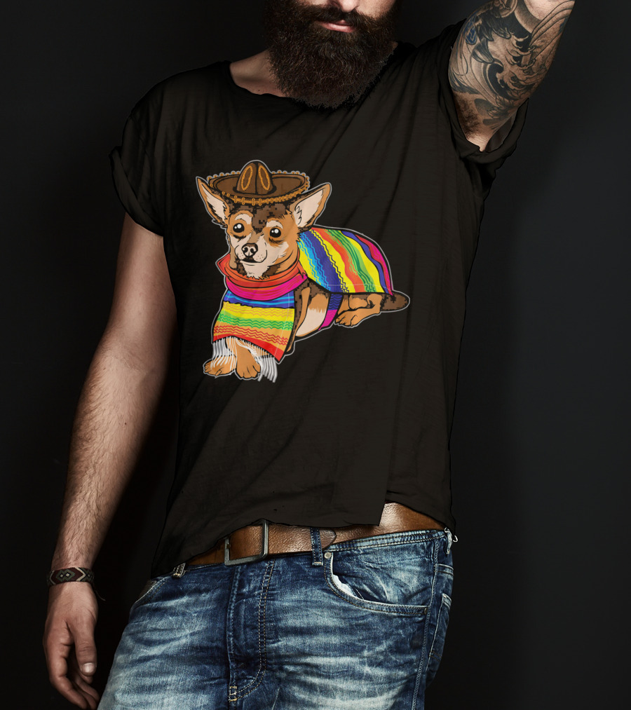 Cute Dog Chihuahua Chiweenie Mexico Sombrero Rainbow Poncho Cinc T-Shirt