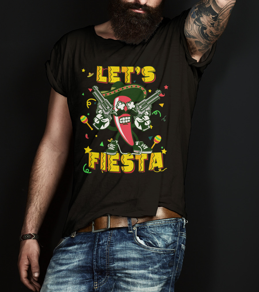 Cinco De Mayo Let's Fiesta Chili Pepper Guns Sombrero Maracas T-Shirt