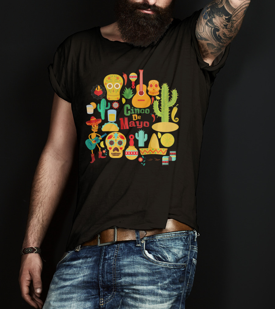 Cinco De Mayo Cactus Skull Sombrero Guitar Festivity T-Shirt