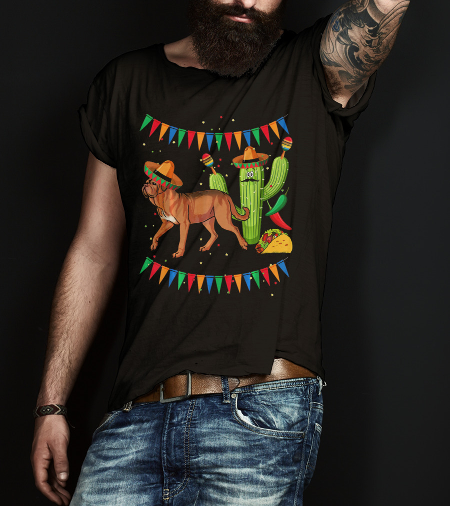 Sombrero Dogue De Bordeaux Dog Cactus Mexico Fiesta Flags Taco Peppers T-Shirt