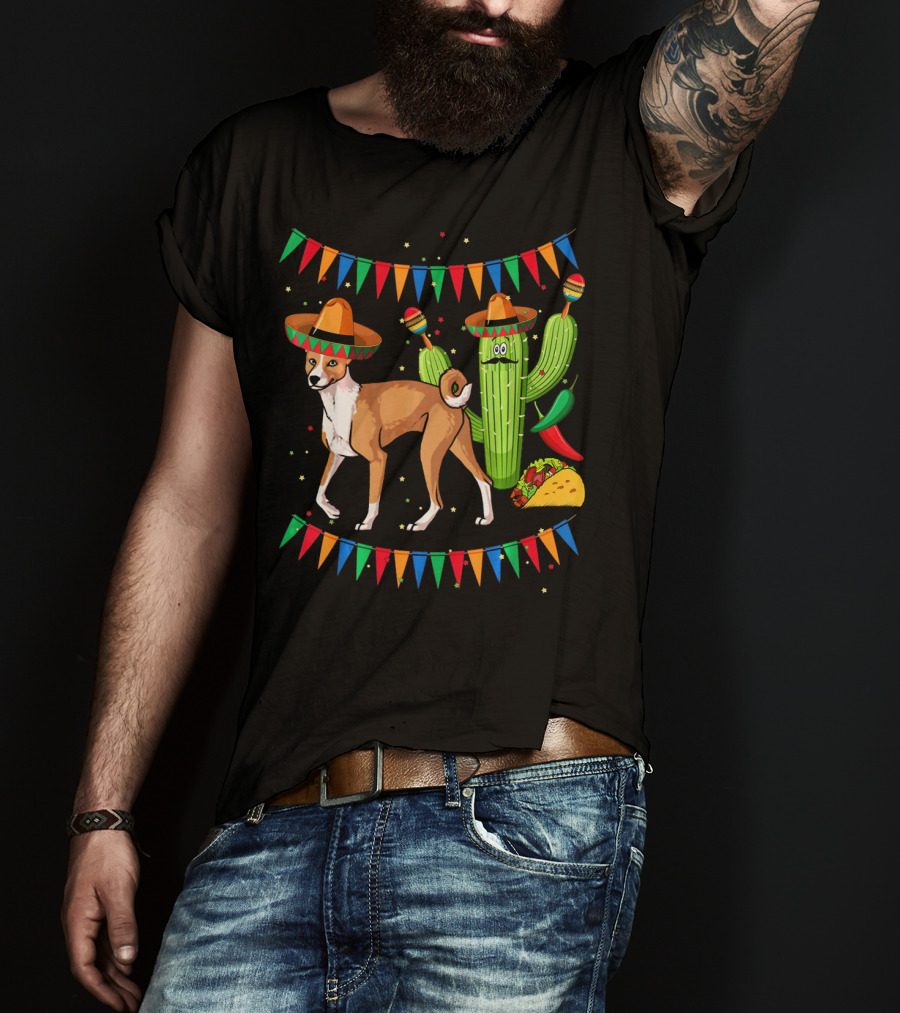Sombrero Basenji Dog And Cactus Mexico Cinco De May Fiesta Elements T-Shirt