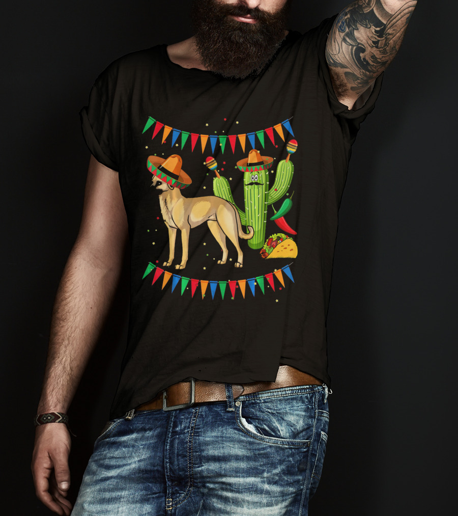 Sombrero-Clad Anatolian Shepherd Dog With Mexican Cactus And Taco Fiesta Banners T-Shirt