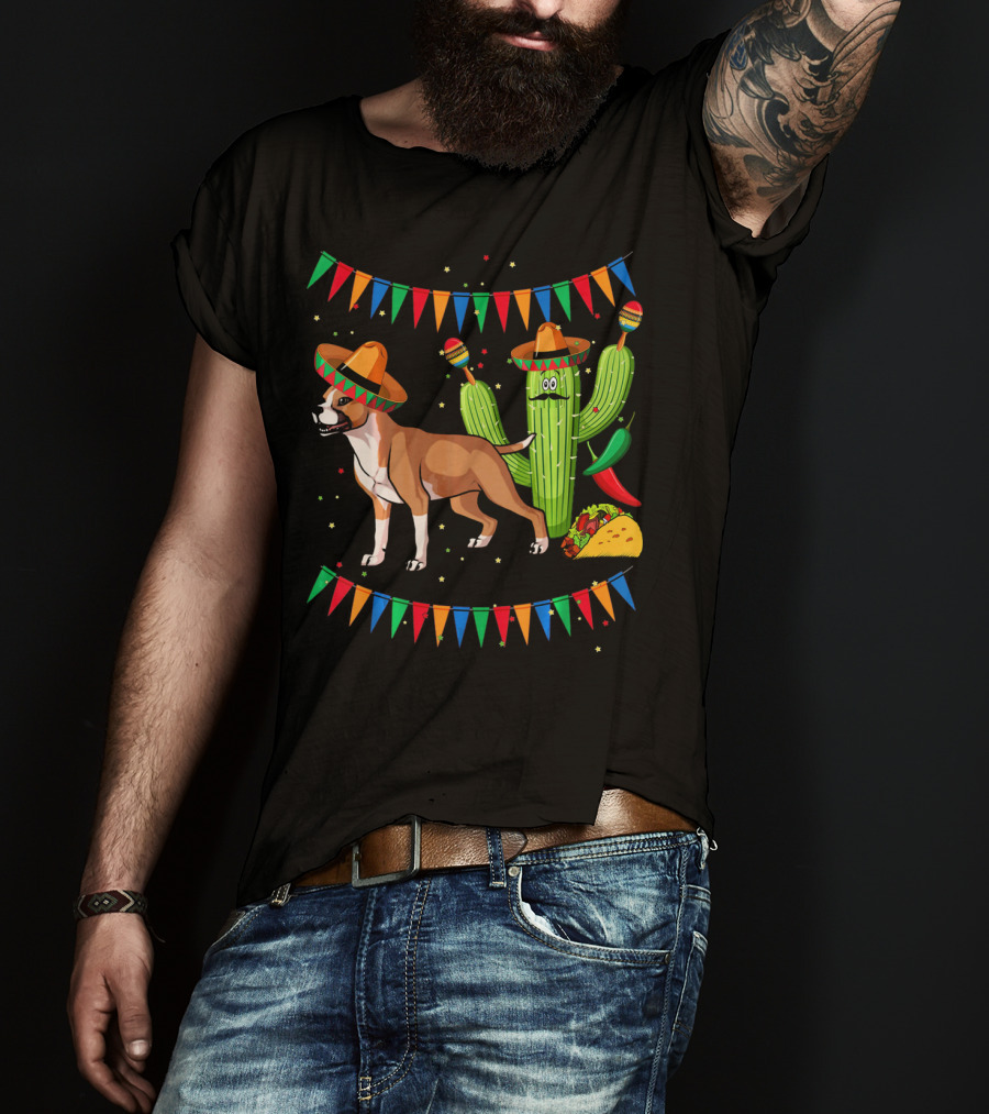 Cinco Sombrero Staffordshire Terrier Dog With Festive Cactus And Taco T-Shirt