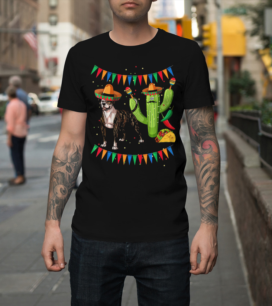 Sombrero American Bulldog Dog Mexico Cactus Chili Taco Fiesta T-Shirt