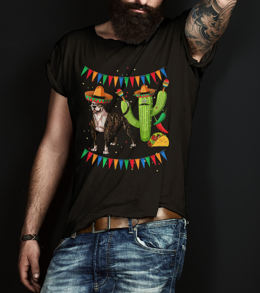 Sombrero American Bulldog Dog Mexico Cactus Chili Taco Fiesta T-Shirt