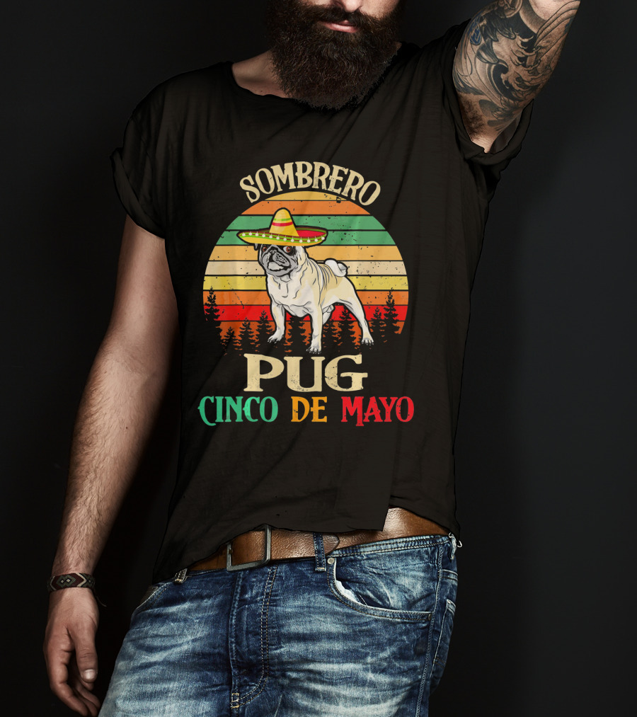 Sombrero Pug Cinco De Mayo Retro Stripes T-Shirt