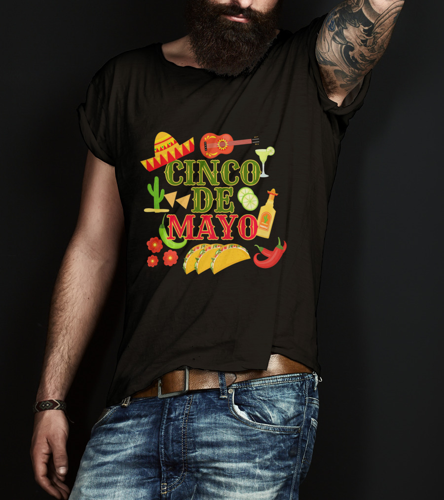 Cinco De Mayo Party Sombrero Guitar Margarita Hot Sauce Tacos Peppers T-Shirt