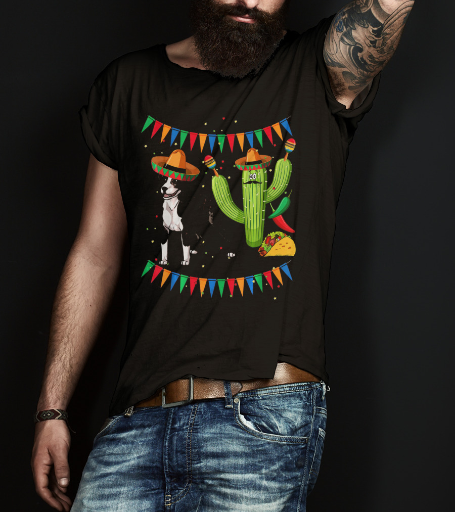 Sombrero American Pit Bull Terrier With Cactus And Taco Fiesta Elements T-Shirt