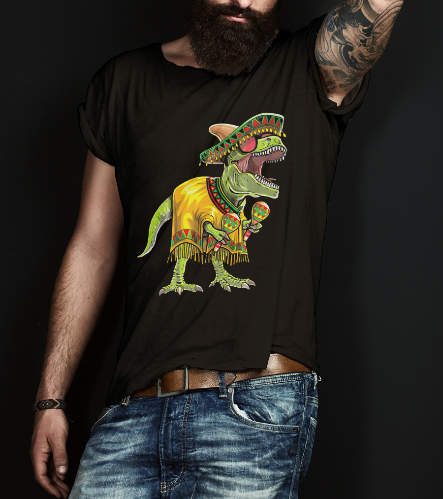 Cinco De Mayo Dinosaur Sombrero Maracas Poncho Fiesta T-Shirt