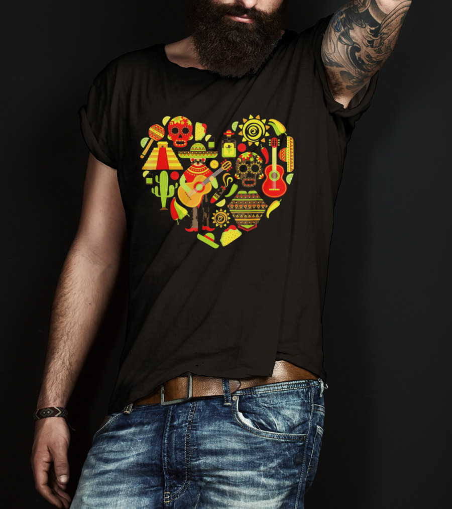 Cinco De Mayo Love Skull Guitar Cactus Sombrero Heart T-Shirt