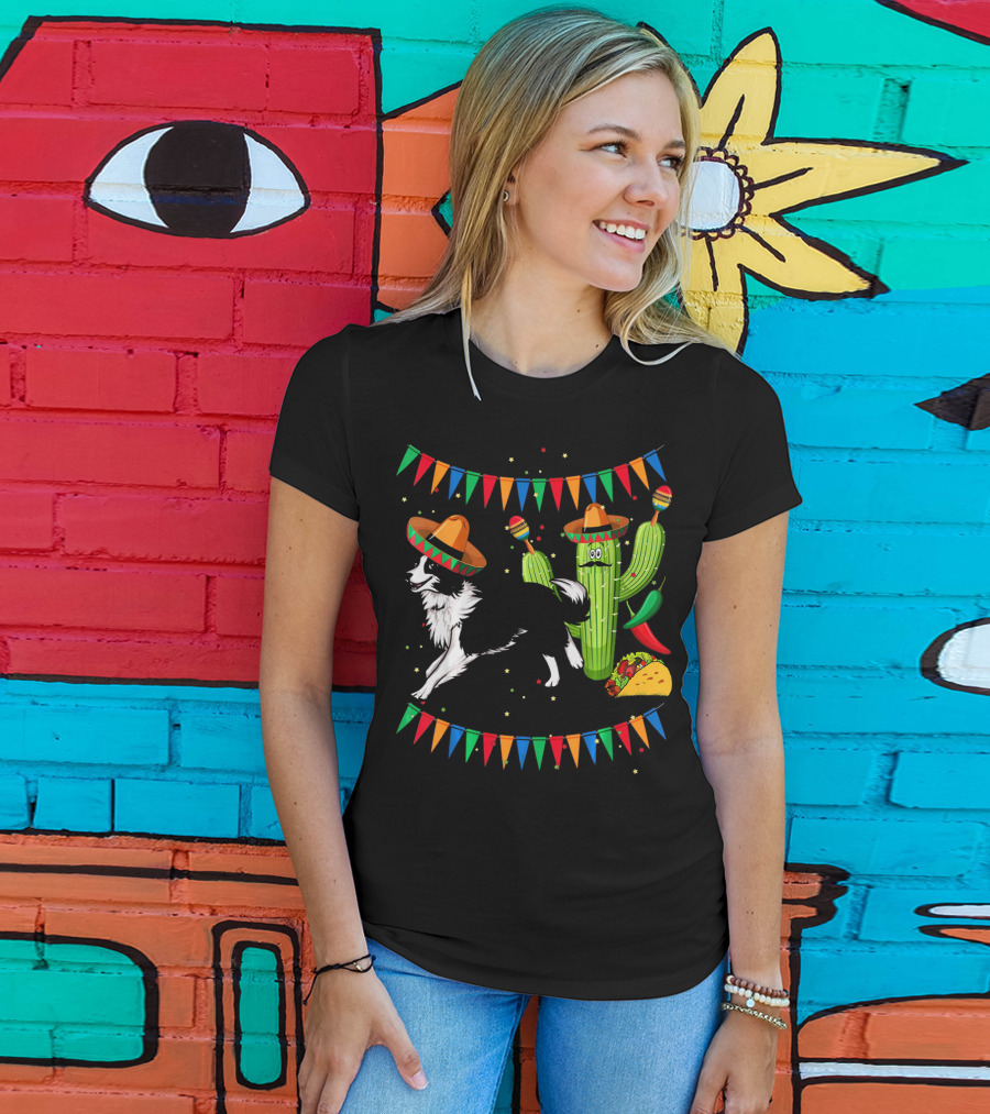 Sombrero Border Collie Dog Cactus Taco Mexico Cinco T-Shirt
