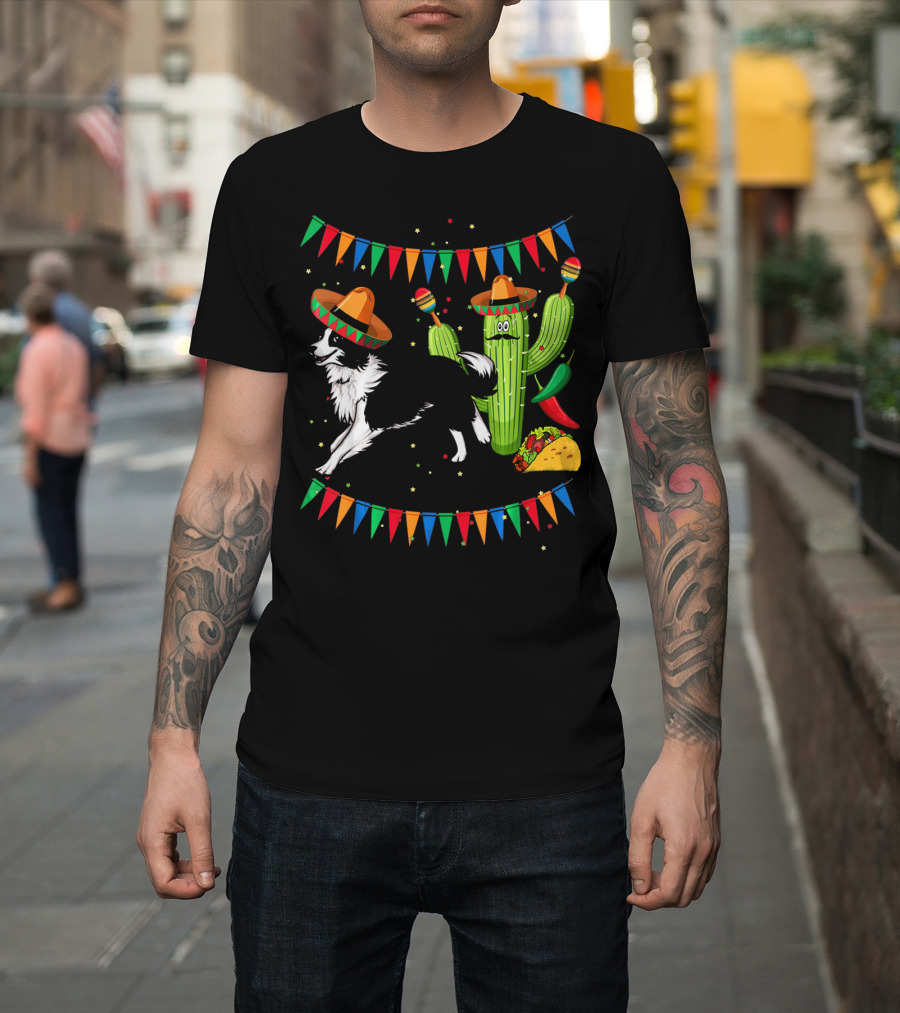 Sombrero Border Collie Dog Cactus Taco Mexico Cinco T-Shirt