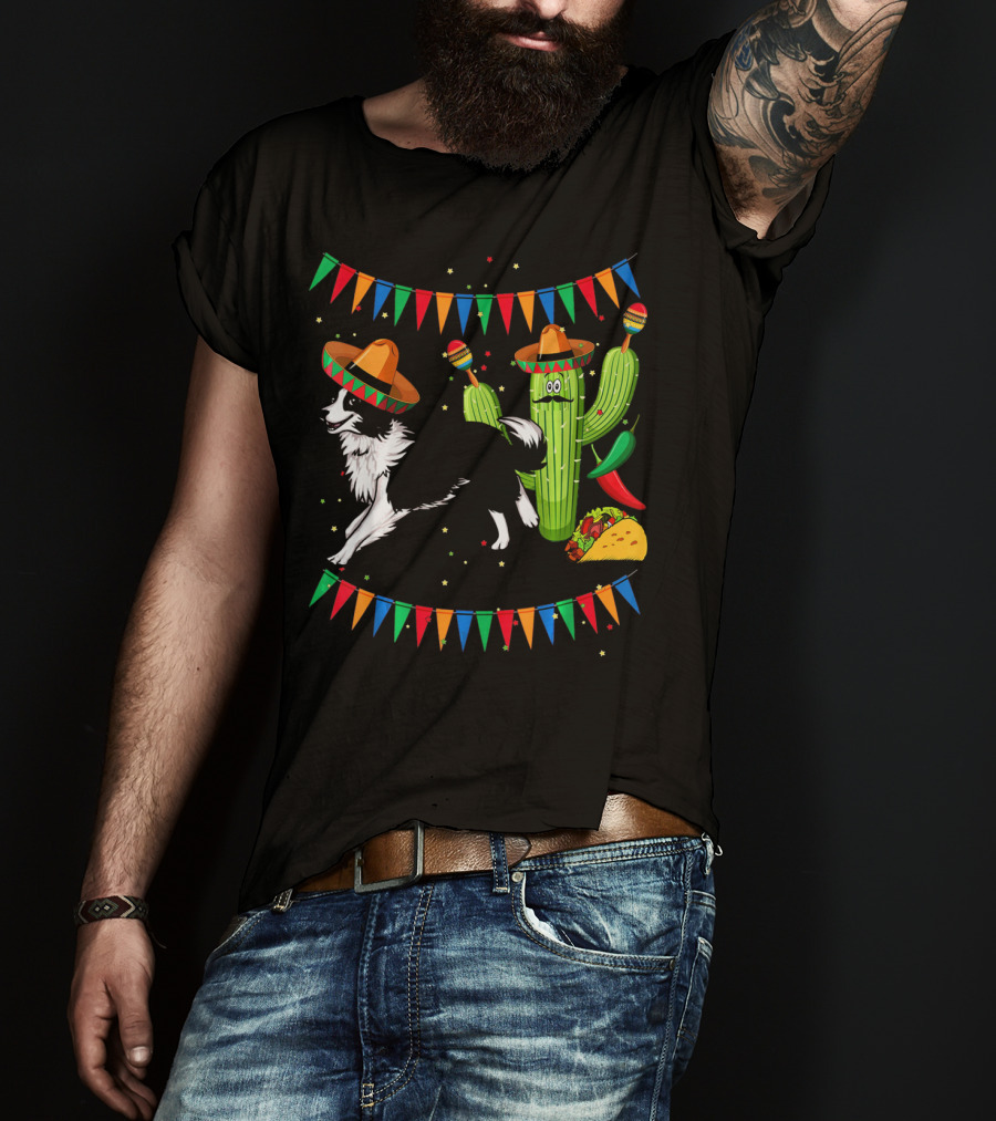 Sombrero Border Collie Dog Cactus Taco Mexico Cinco T-Shirt