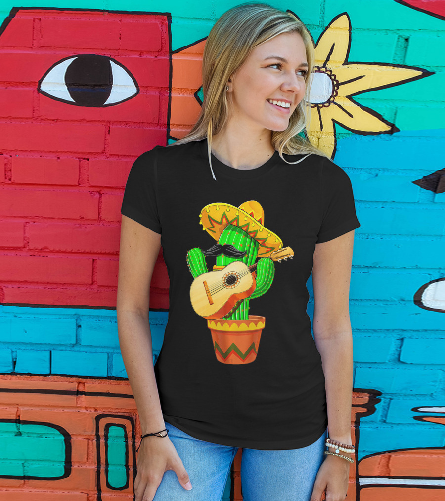 Cinco De Mayo Cactus With Sombrero And Guitar T-Shirt