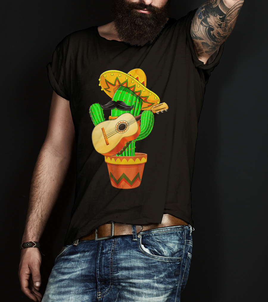 Cinco De Mayo Cactus With Sombrero And Guitar T-Shirt