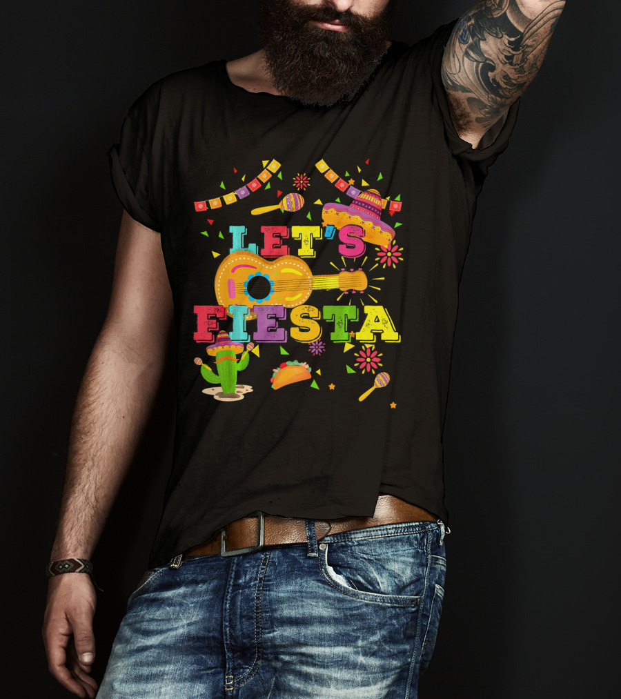 Let's Fiesta Cinco De Mayo Mexican Celebration Guitar Sombrero Maracas Taco Cactus Decorations T-Shirt
