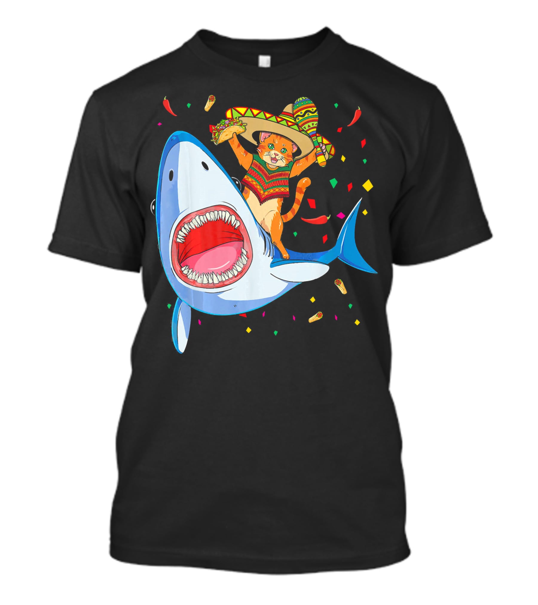 Funny Taco Cat Riding Shark Cinco De Mayo Sombrero T-Shirt