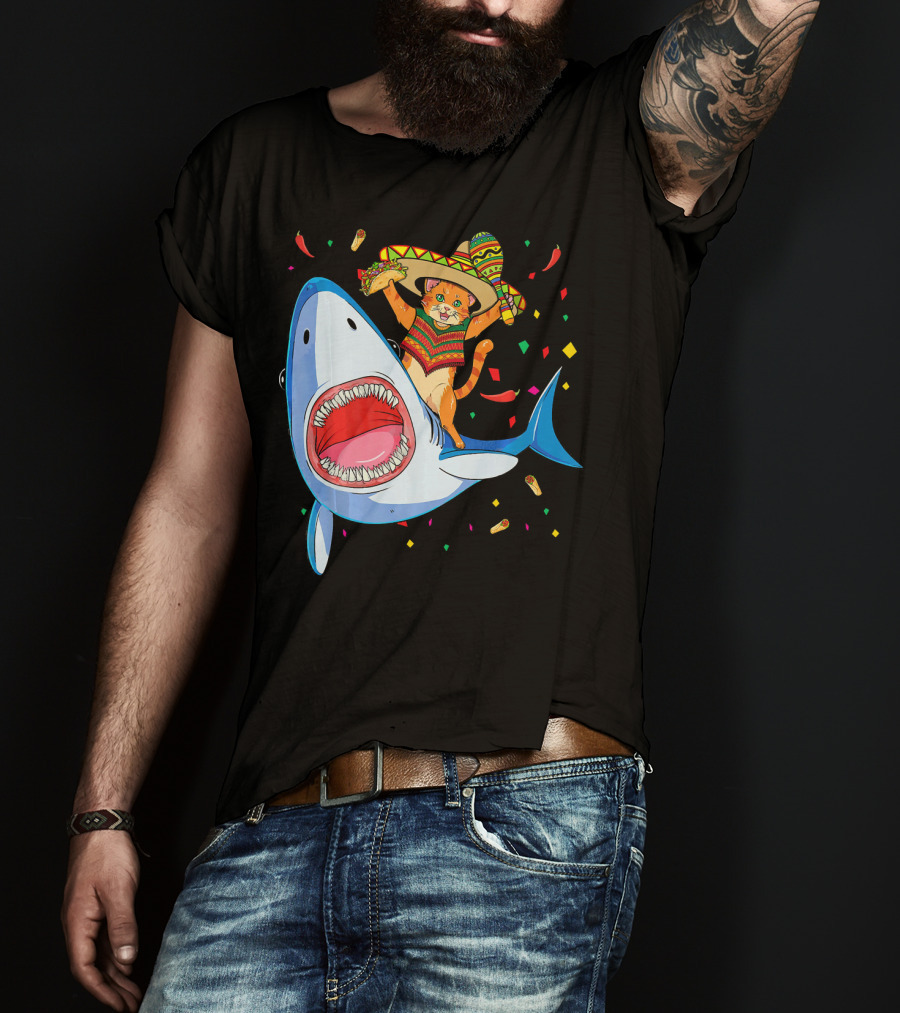 Funny Taco Cat Riding Shark Cinco De Mayo Sombrero T-Shirt