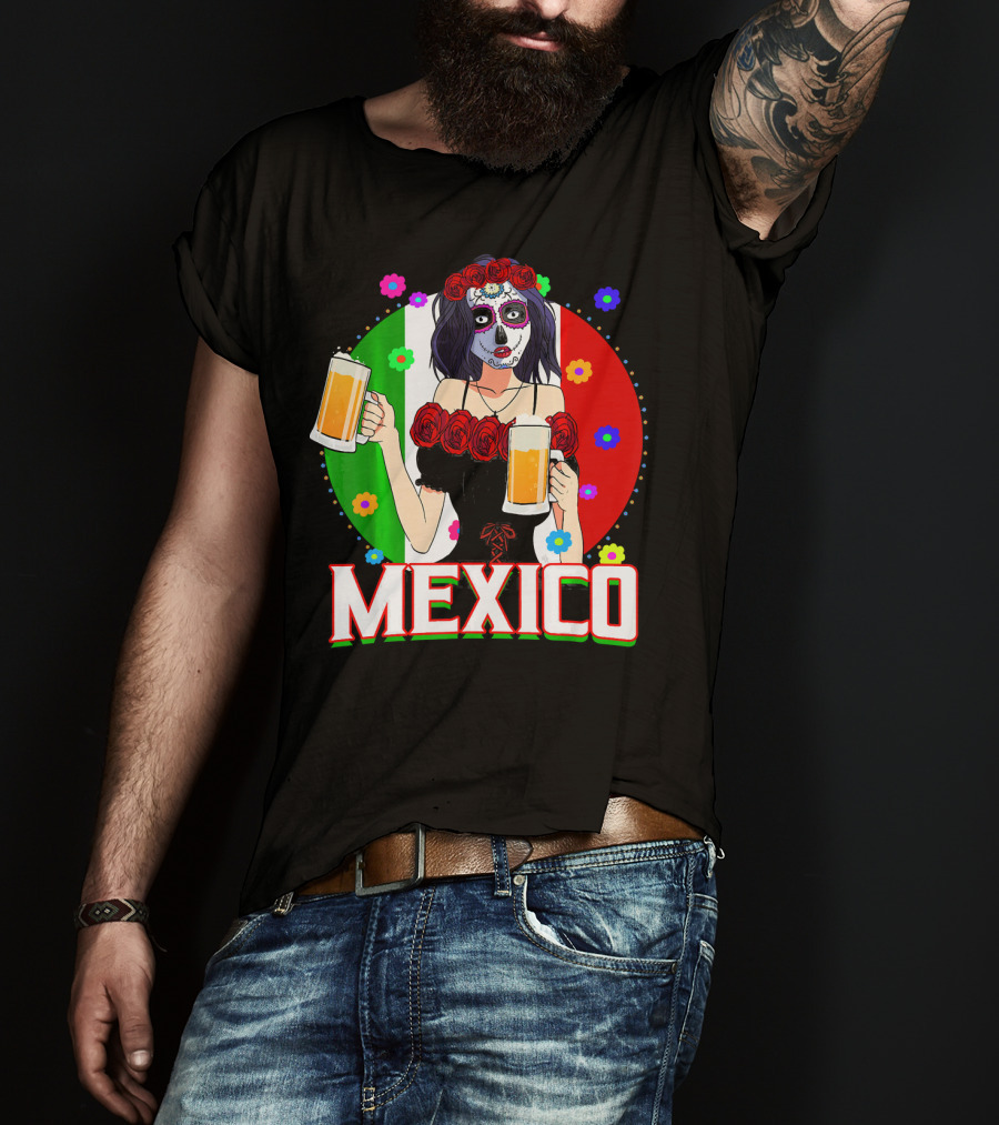 Cinco De Mayo Sugar Skull Woman Holding Beers Mexico Flag T-Shirt