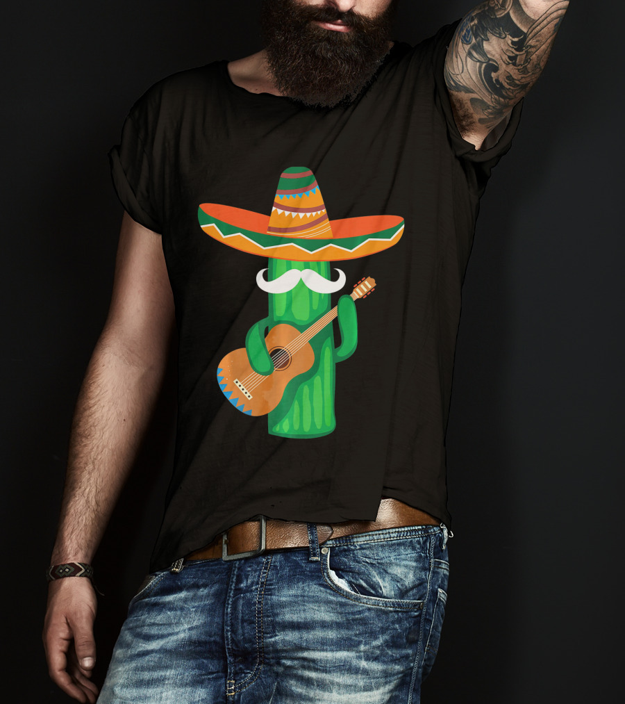 Mustache Cactus Sombrero Playing Guitar T-Shirt