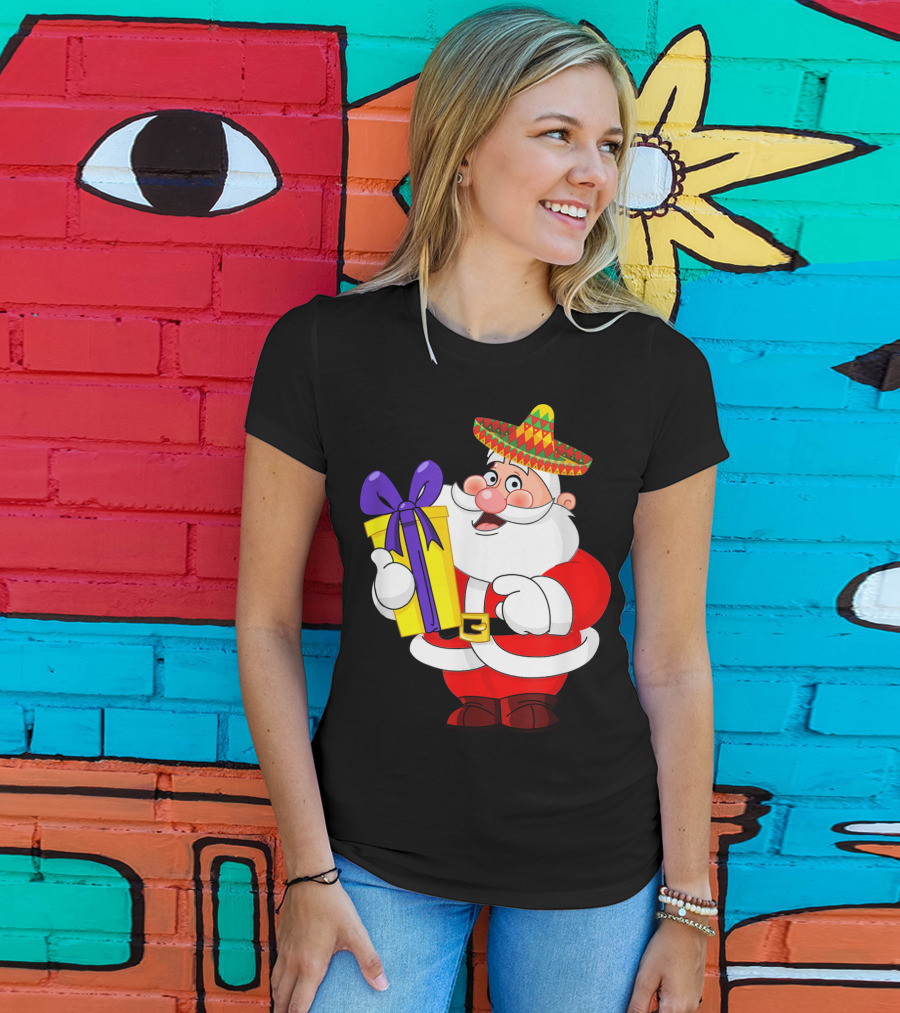 Cinco De Mayo Funny Sombrero Mexican Santa With Gift T-Shirt