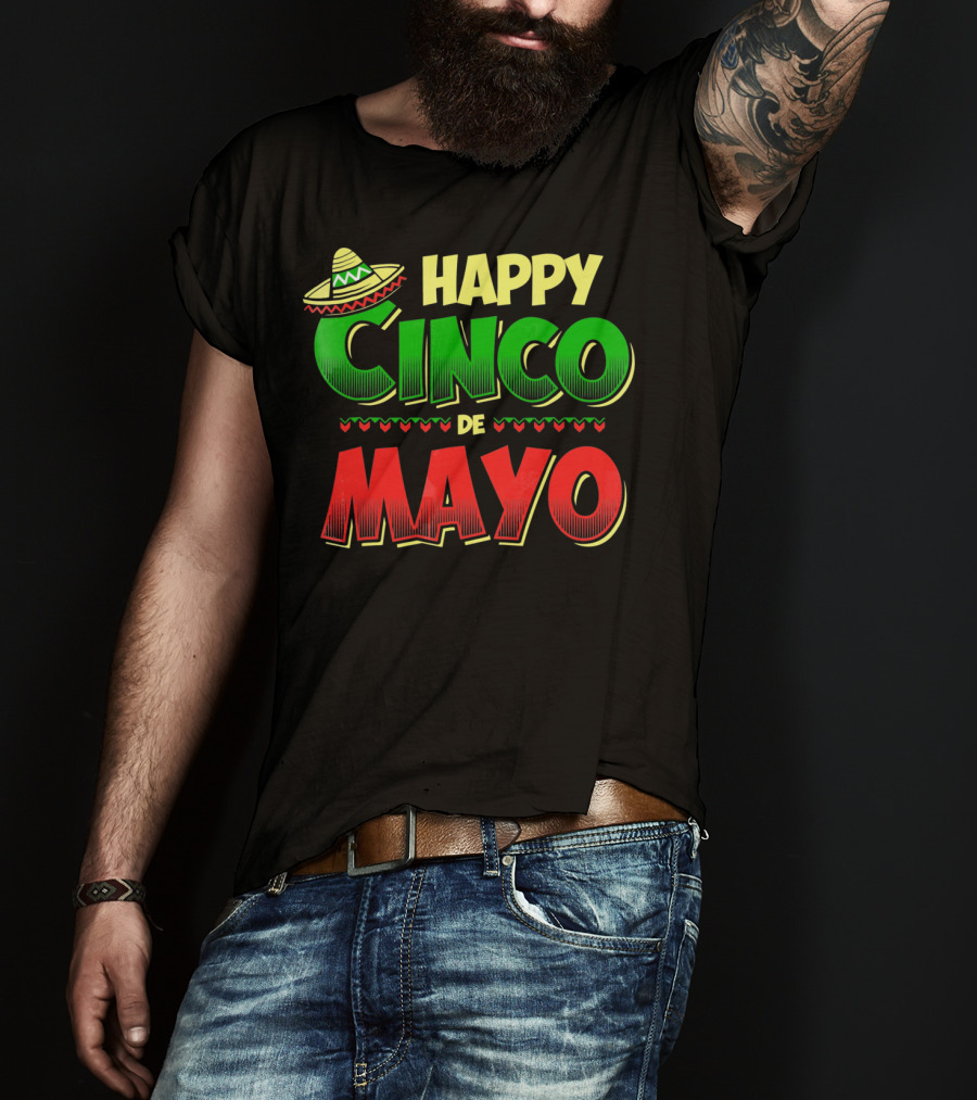 Happy Cinco De Mayo Sombrero And Festive Hearts T-Shirt