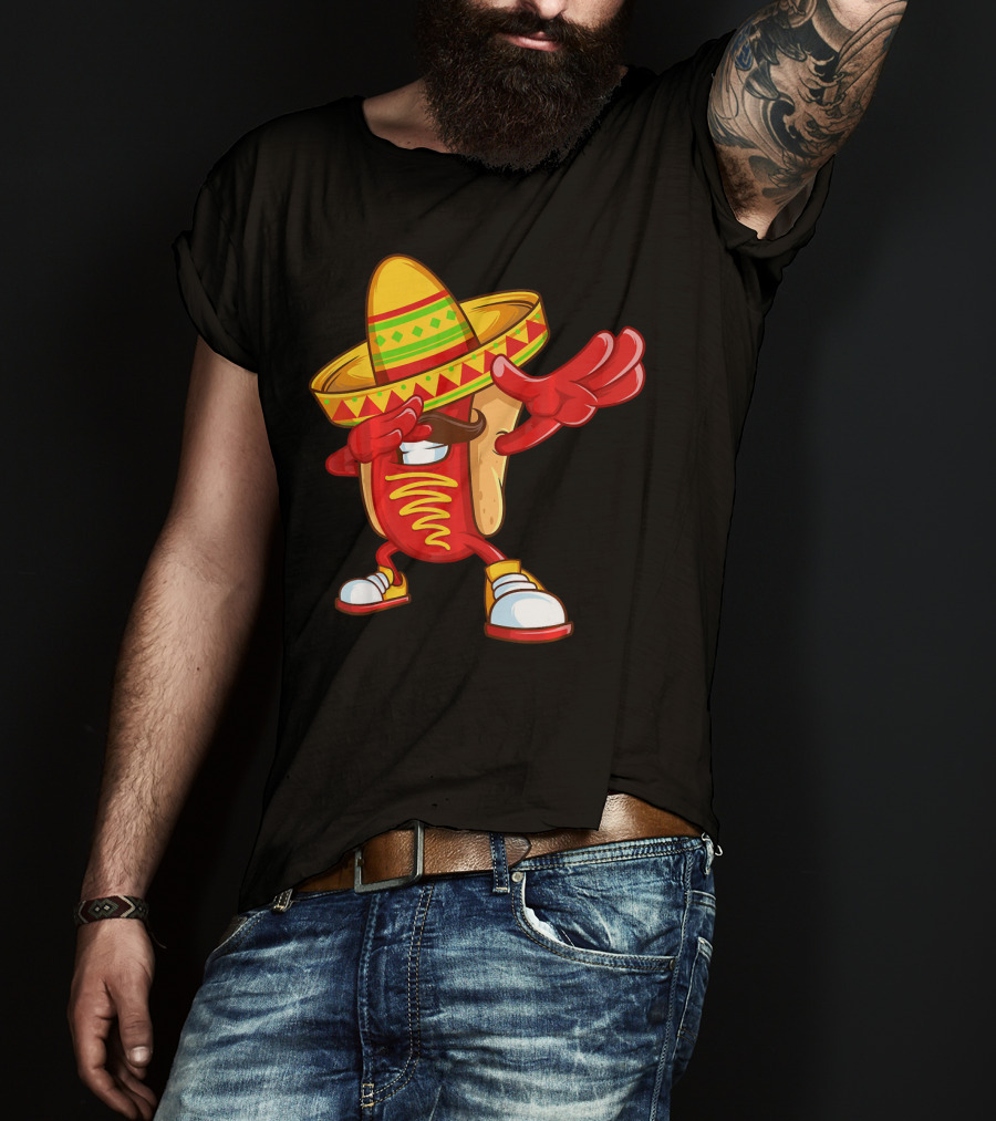 Funny Dabbing Hotdog Sombrero Mexican Cinco De Mayo T-Shirt