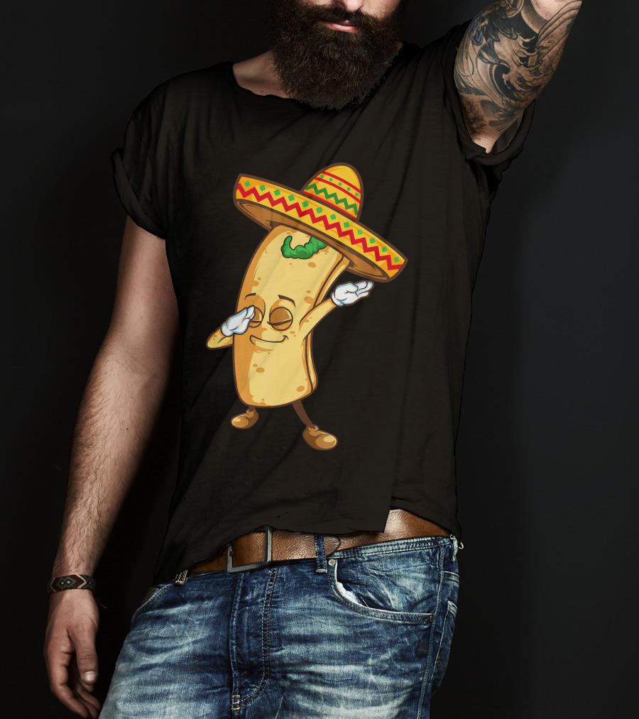 Funny Dabbing Burrito Mexican Cinco De Mayo Sombrero Cartoon T-Shirt