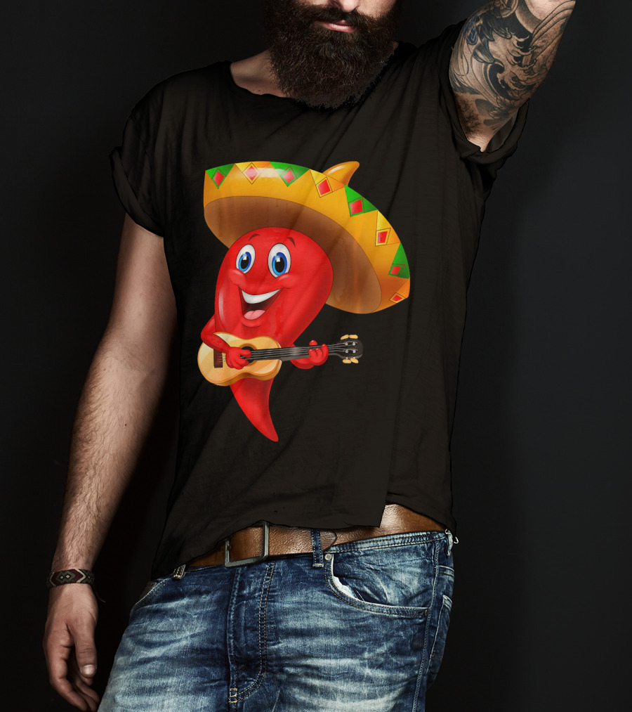 Cute Chili Pepper Wearing Sombrero Playing Guitar Mexico T-Shirt