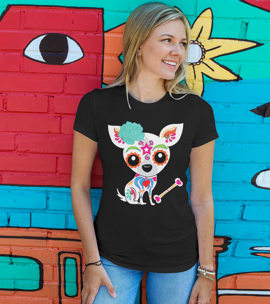 Cinco De Mayo Sugar Skull Chihuahua With Floral Bone And Colorful Flower T-Shirt