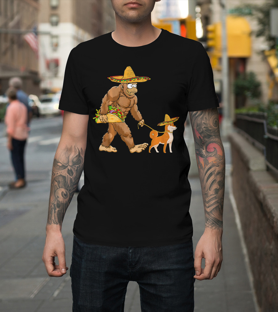 Bigfoot Taco Sombrero Shiba Inu Dog Cinc Walking Cartoon T-Shirt