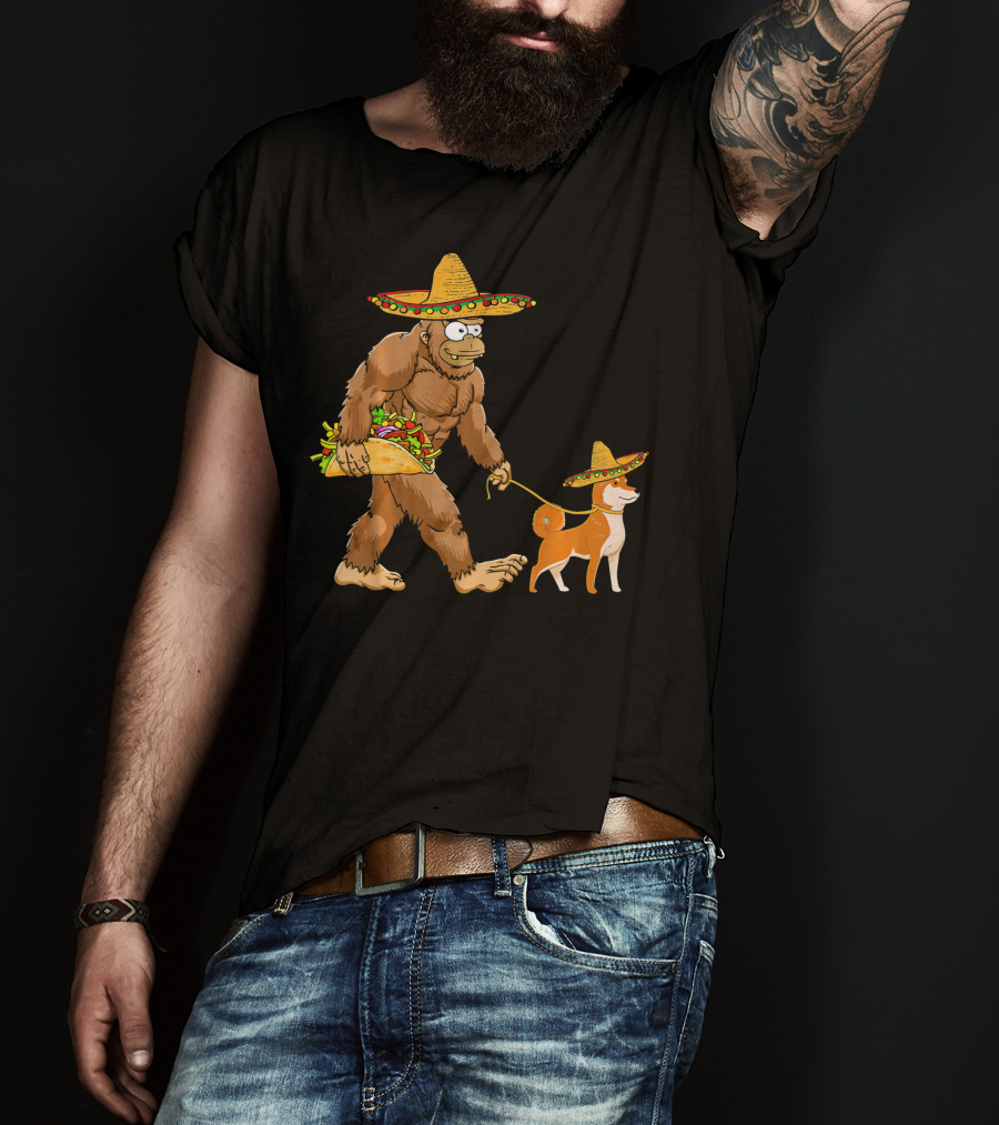 Bigfoot Taco Sombrero Shiba Inu Dog Cinc Walking Cartoon T-Shirt