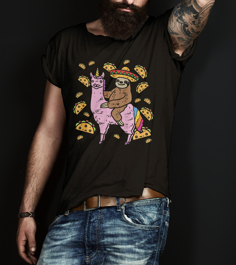Cinco De Mayo Llamacorn With Sombrero Sloth Surrounded By Tacos T-Shirt