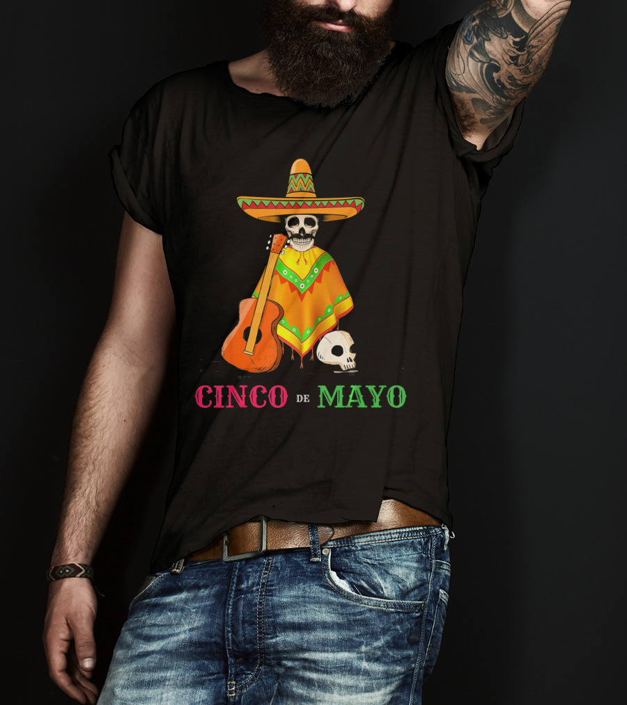 Cinco De Mayo Sombrero Skull Poncho Guitar T-Shirt