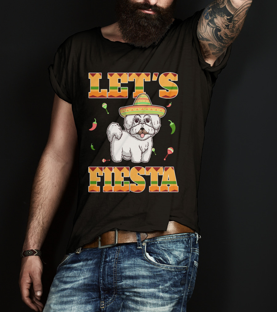 Let's Fiesta Bichon Frise Dog Cinco De Mayo Sombrero Peppers Maracas T-Shirt