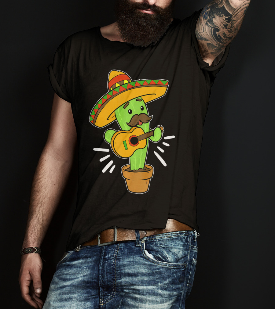 Cinco De Mayo Cactus Playing Guitar With Sombrero T-Shirt