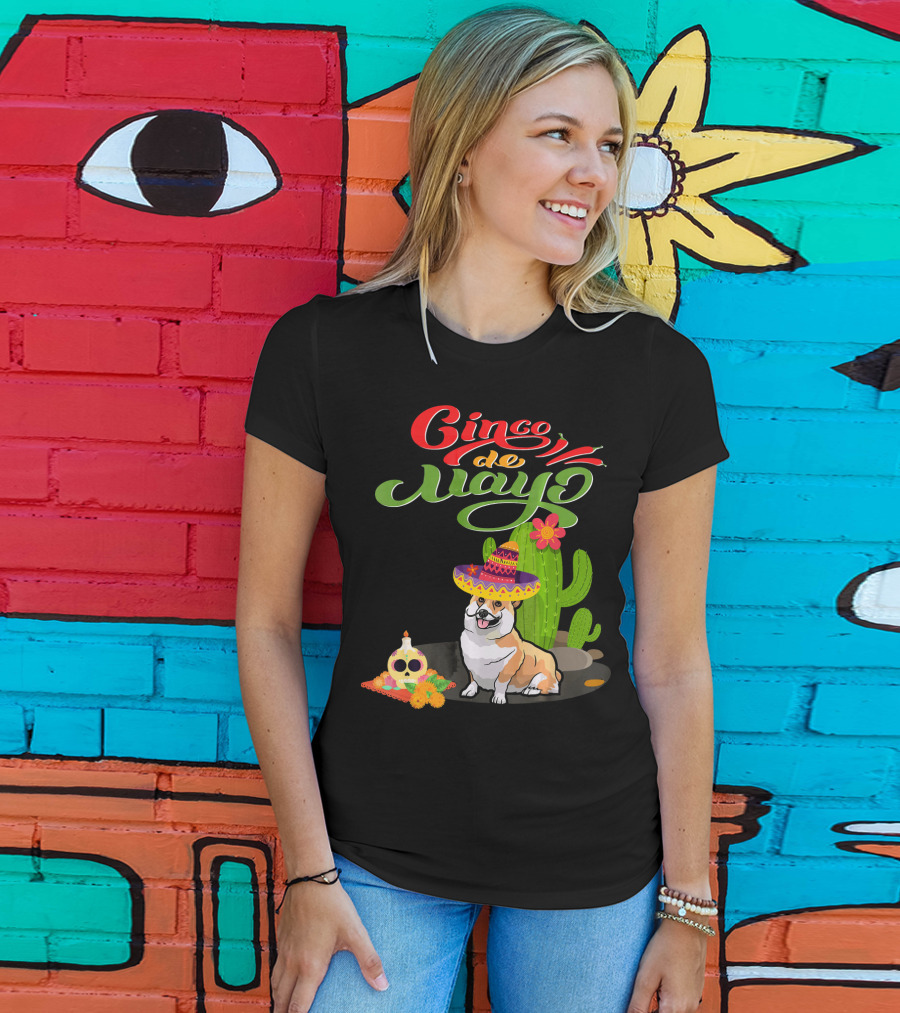 Cinco De Mayo Corgi Dog Fiesta With Sombrero And Cactus T-Shirt
