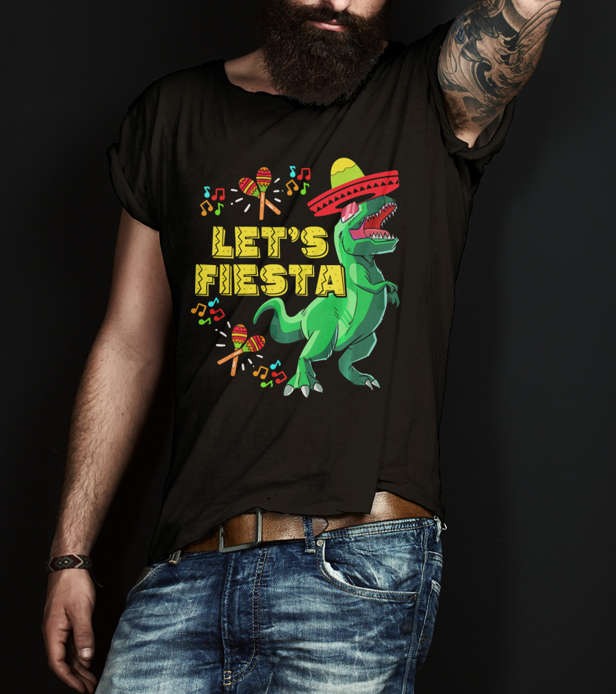 Let's Fiesta Cinco De Mayo Dino Sombrero Maracas Music Notes T-Shirt