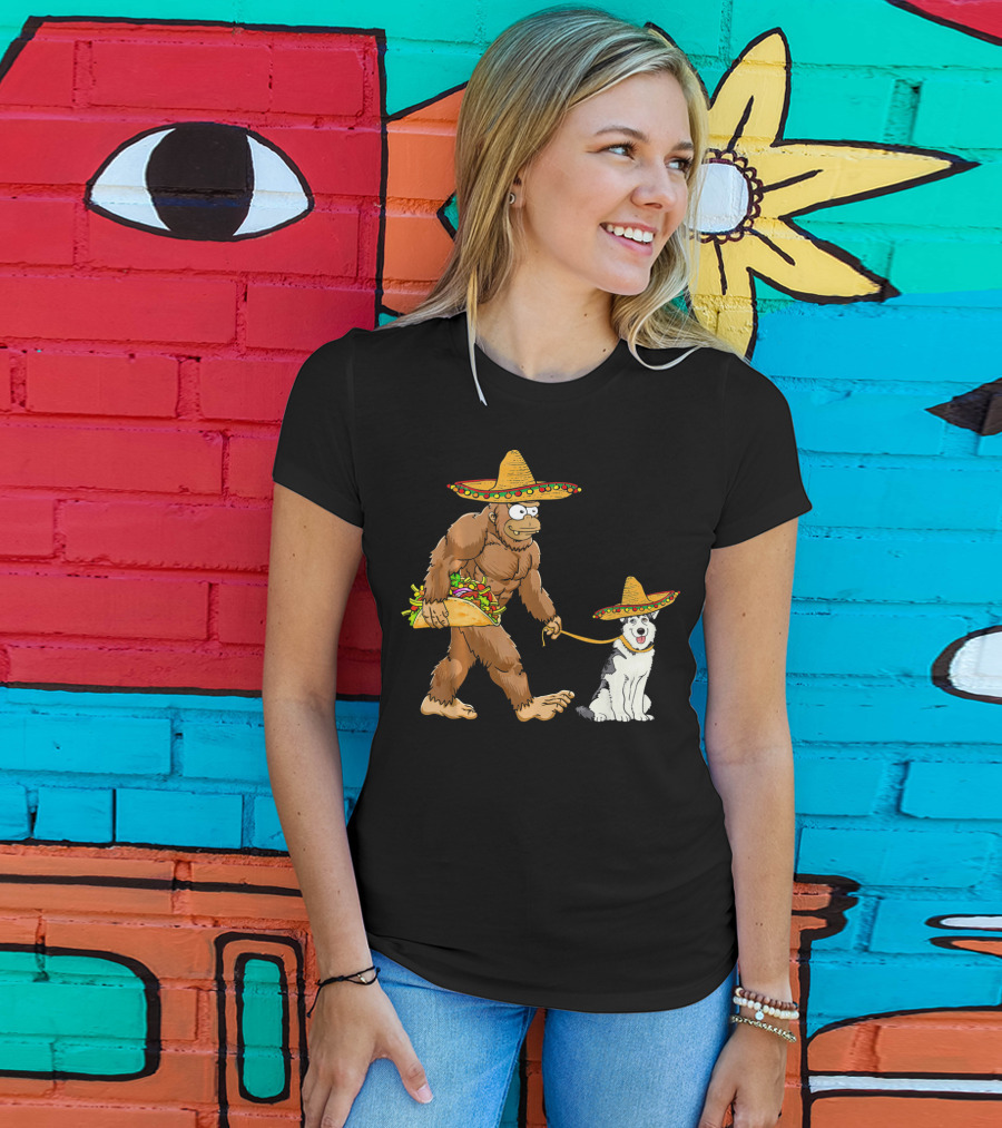 Bigfoot Husky Dog Taco Sombrero Cinco De Mayo T-Shirt