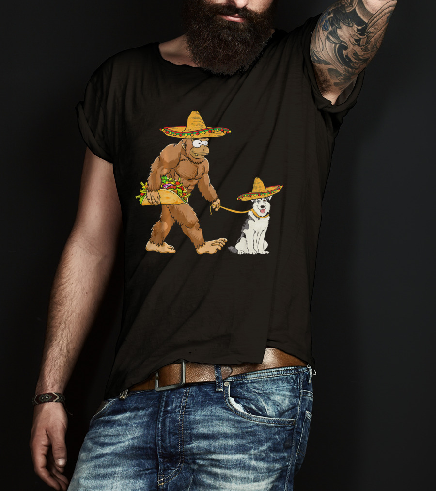 Bigfoot Husky Dog Taco Sombrero Cinco De Mayo T-Shirt