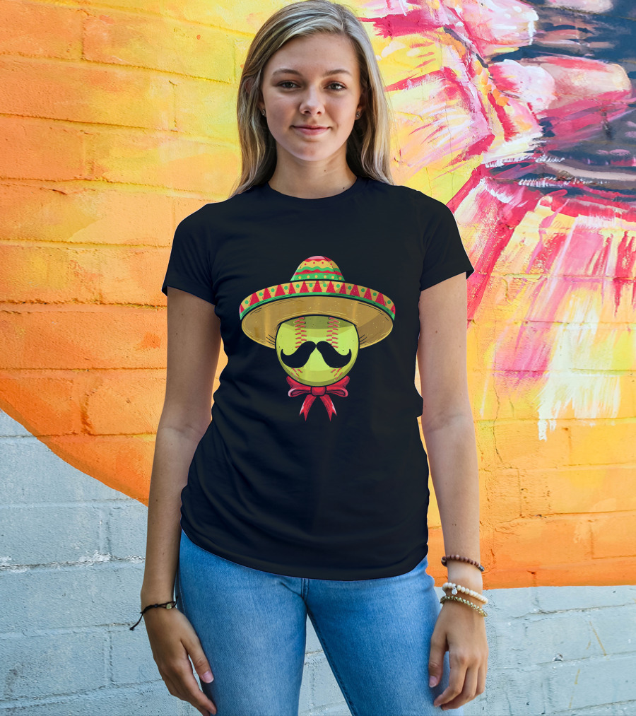Cinco De Mayo Mexican Sombrero Softball Mustache Red Bow T-Shirt