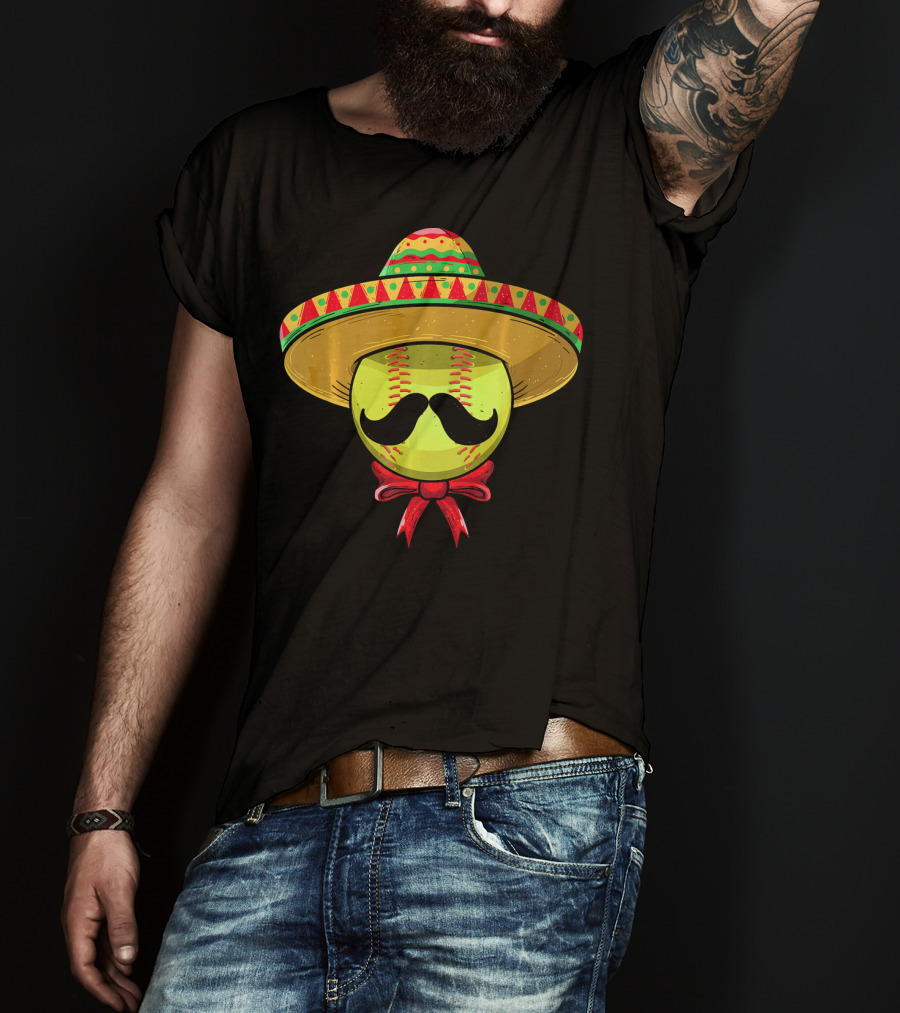 Cinco De Mayo Mexican Sombrero Softball Mustache Red Bow T-Shirt