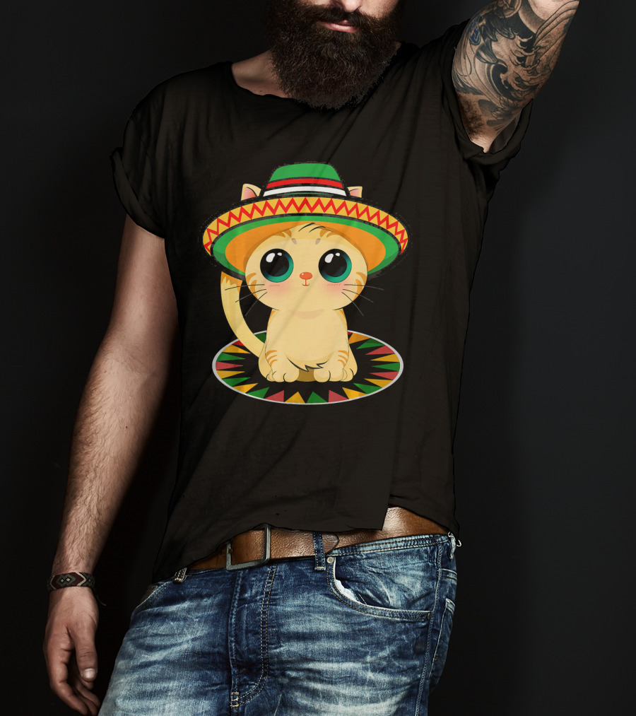 Cute Cat Cinco De Mayo 5th Of May Celebration With Sombrero T-Shirt
