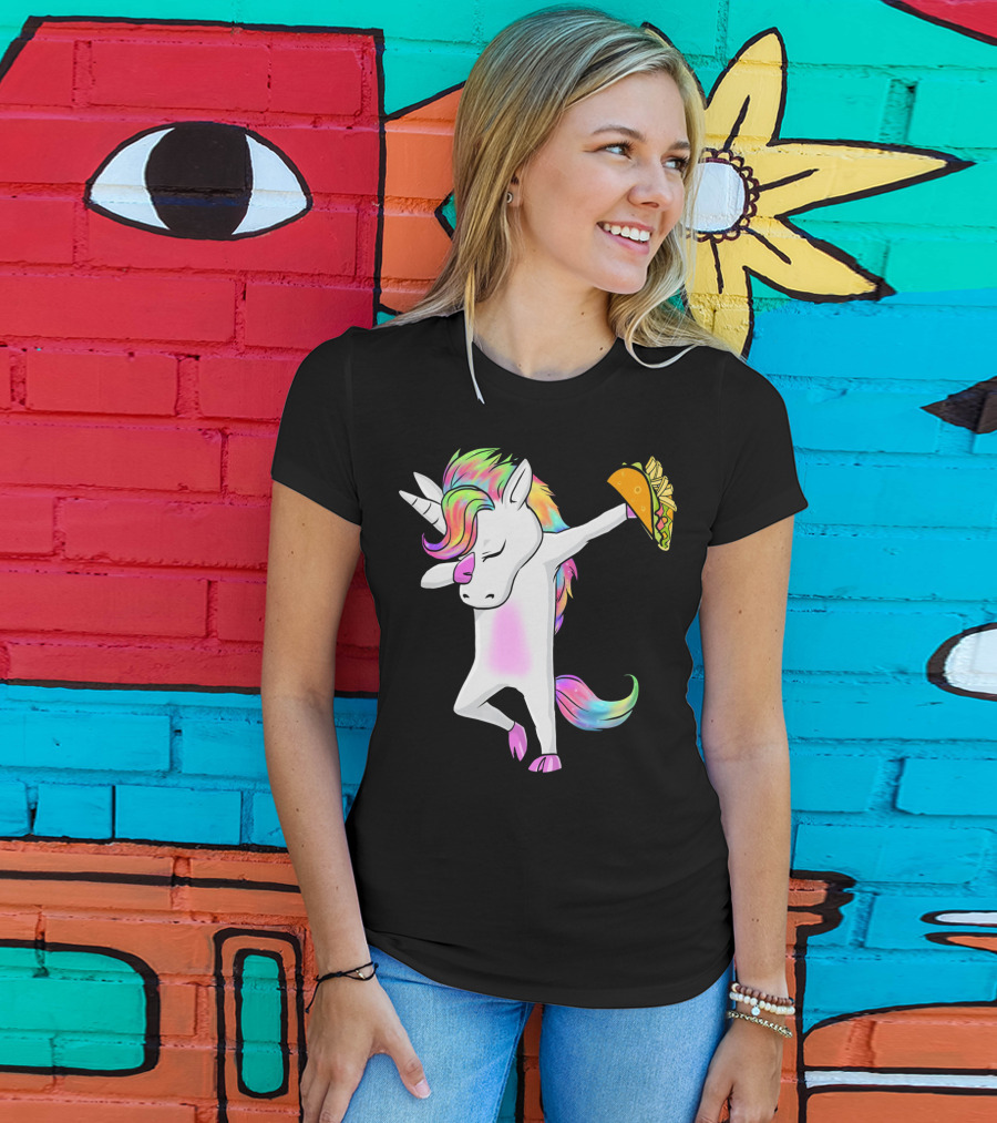 Unicorn Dabbing With Rainbow Mane Holding Tacos T-Shirt