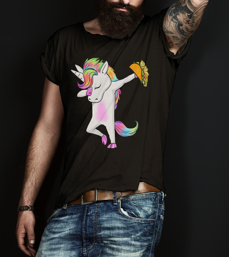 Unicorn Dabbing With Rainbow Mane Holding Tacos T-Shirt