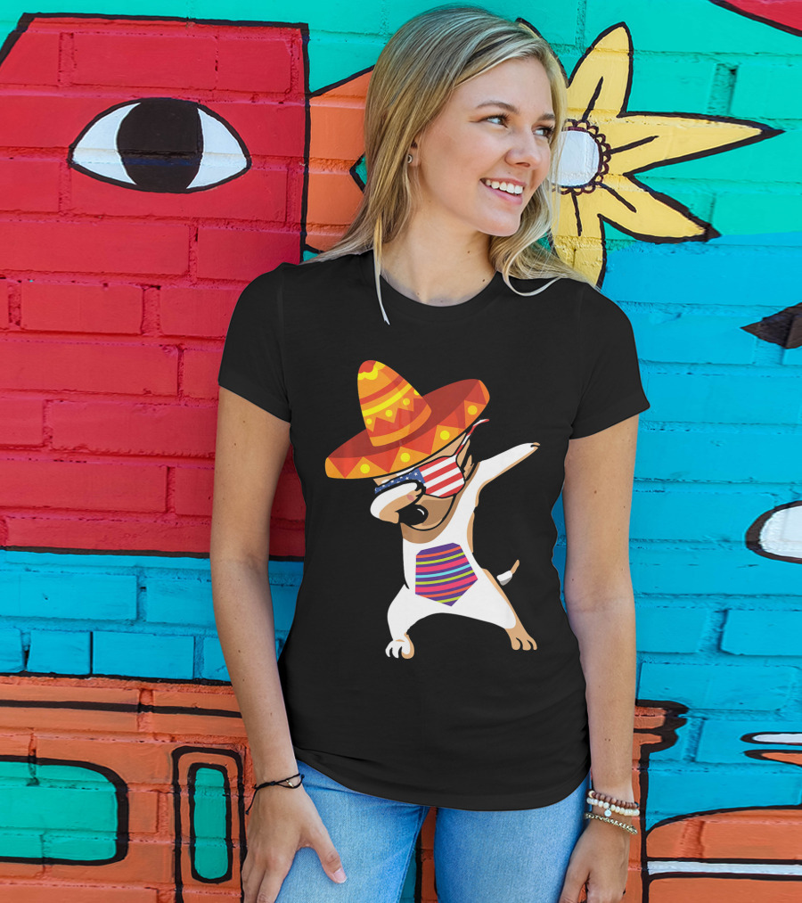 Sombrero Chihuahua Dabbing Mexican Chihuah American Flag Glasses T-Shirt